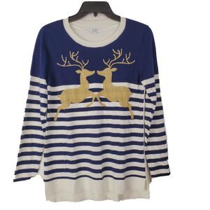 Crown & Ivy Women's Sweater‎ Blue Stripe Reindeer Size S Holiday Sweater